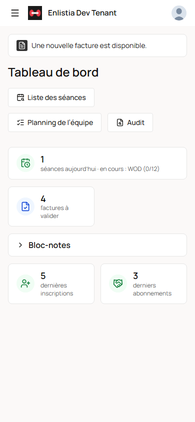 Le tableau de bord (mobile) — cliquer pour agrandir