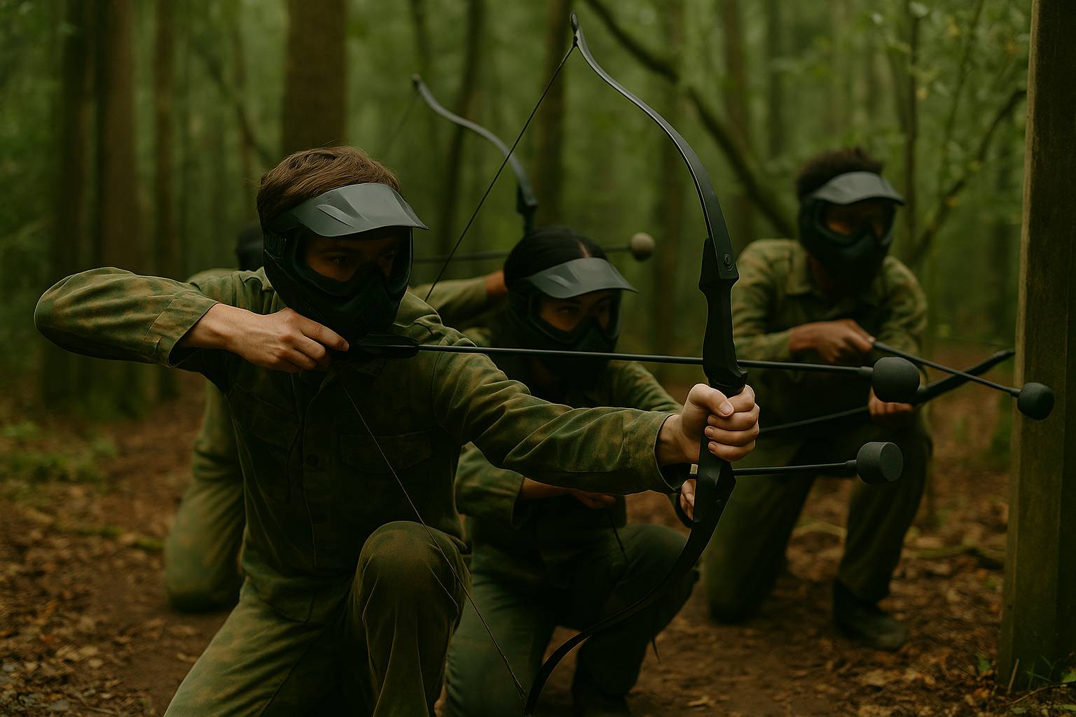 Archery tag en action - joueurs s'affrontant avec des flèches à embout mousse, activité gérée facilement avec Enlistia