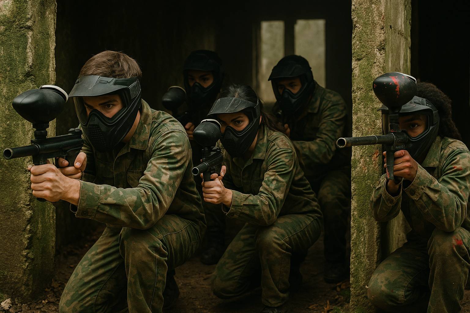 Partie de Paintball intense entre deux équipes sur un terrain professionnel, organisation optimisée via Enlistia