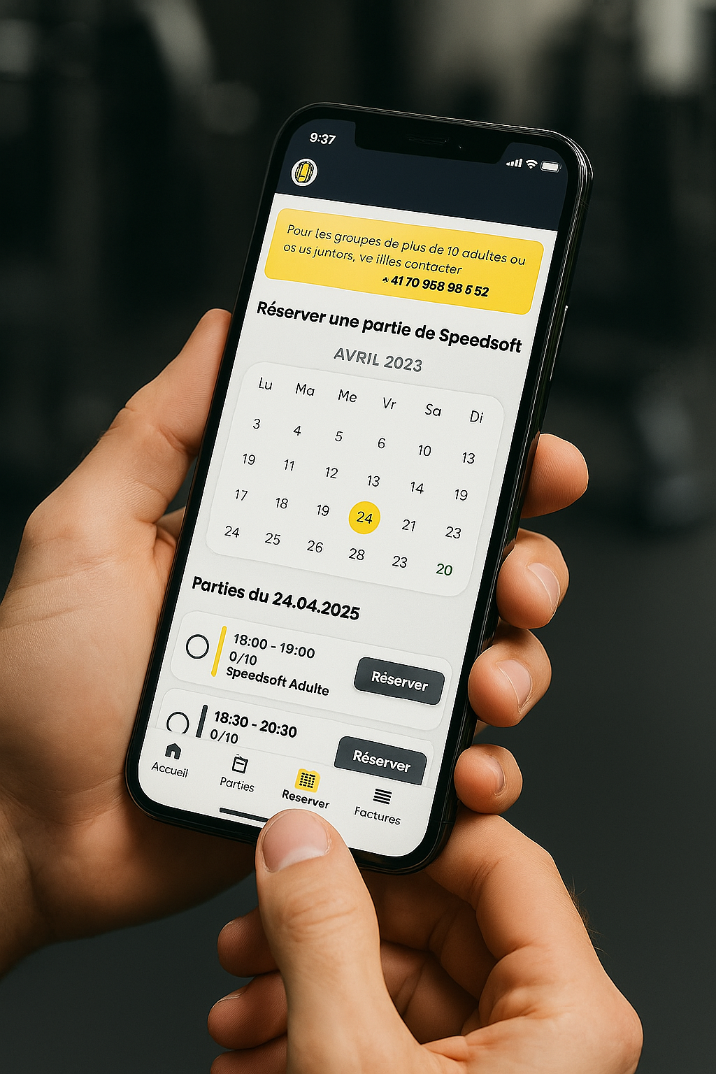 Interface de réservation de Speedsoft Arena montrant le calendrier et les options de paiement dans Enlistia